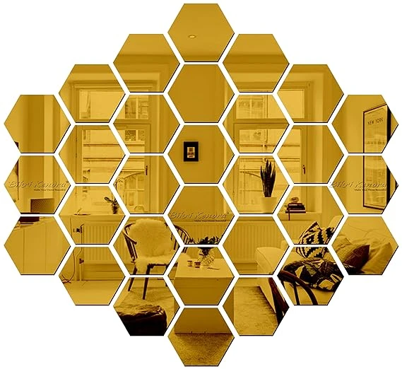 Bikri Kendra Glass Hexagon 30 Golden Mirror Stickers for Wall Decor - Acrylic Mi