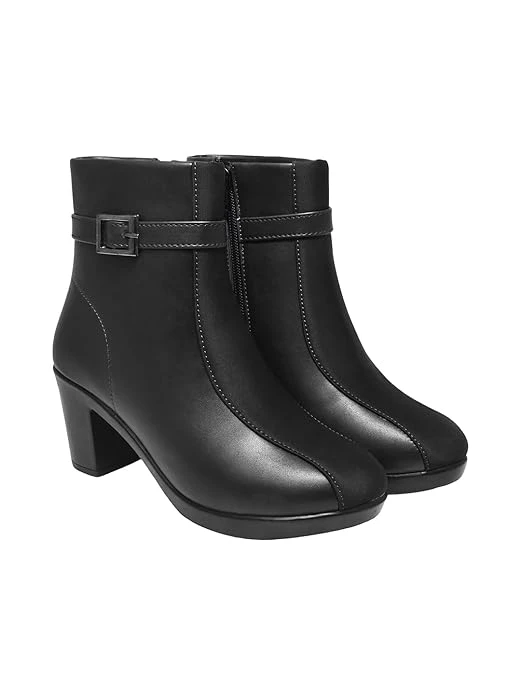 Women's Faux Leather Ankle Boots with Mid Heel and Buckle Strap || Side Zipper C