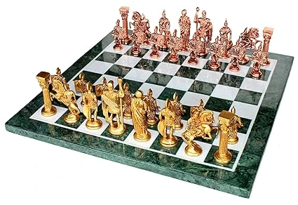 StonKraft 15" x 15" Collectible Green Marble Chess Board Game Set + Brass Roman 