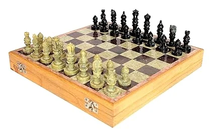 Stonkraft 12" X 12" Stone Chess Board with Wooden Base - Game Set with Stone Che