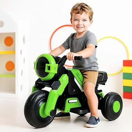 Storio Green Kids Electric Ride-on Bike – Battery Motorcycle with Side Wheels, F