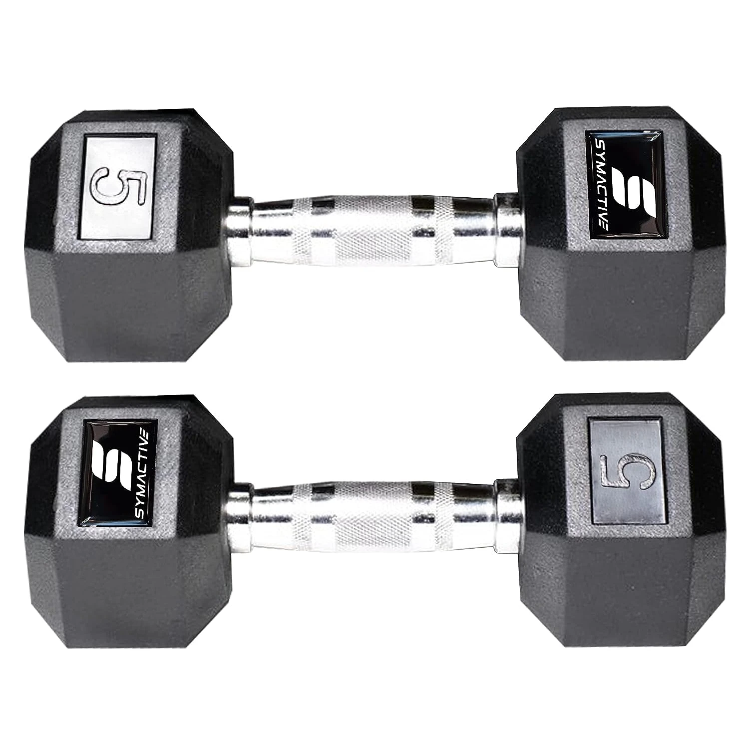 Amazon Brand - Symactive Rubber Coated Hex Fixed Dumbbells, Set of 2, 5 Kg, Blac