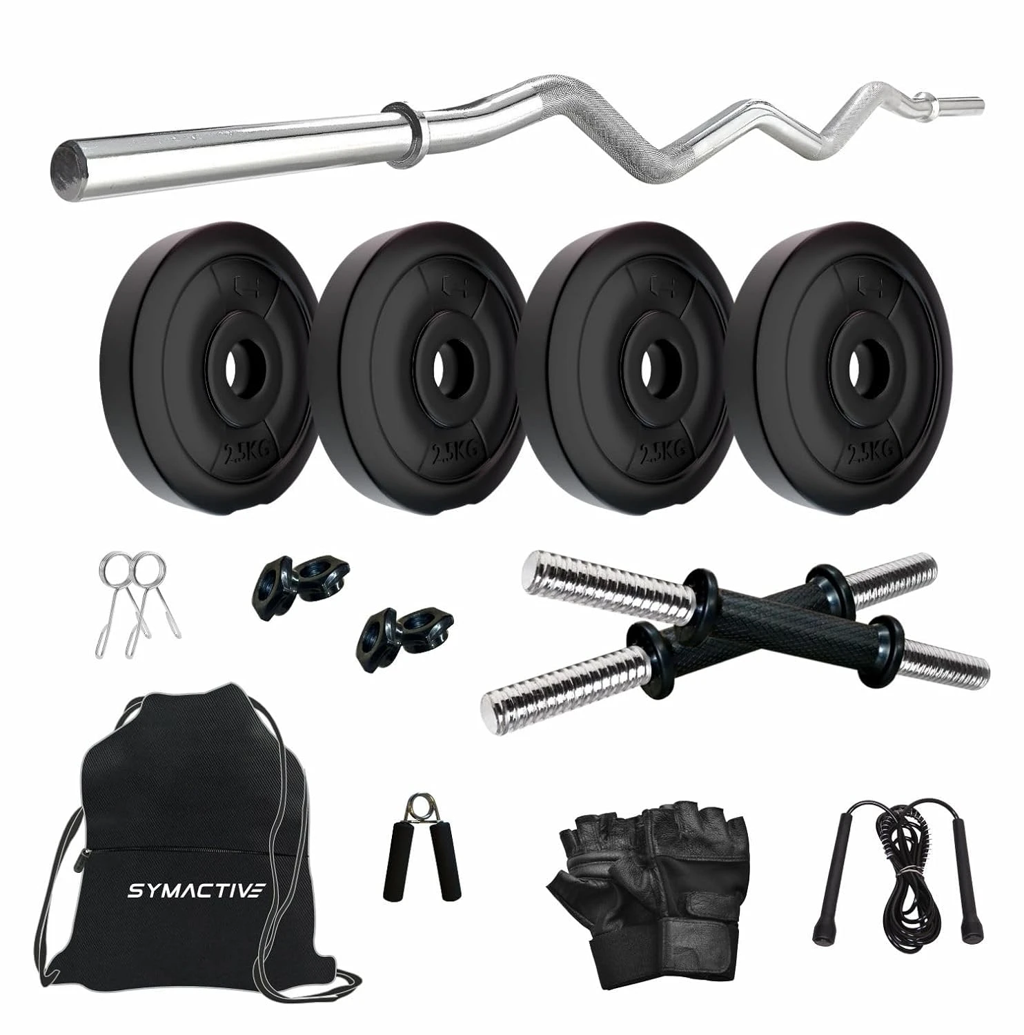 Amazon Brand - Symactive PVC 10 Kg Home Gym Set with Accessories & Gym Bag (10 K