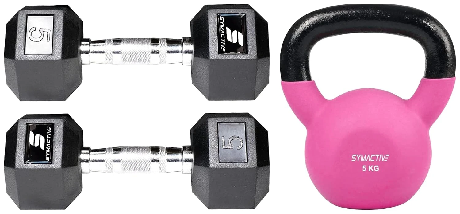 Amazon Brand - Symactive Rubber Coated Hex Dumbbells, Set of 2, 5 Kg, Silver;Bla