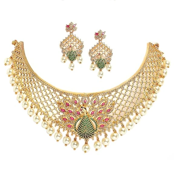 ZENEME Zenem Gold Plated White & Red American Diamond Studded With Drop Pearl Be