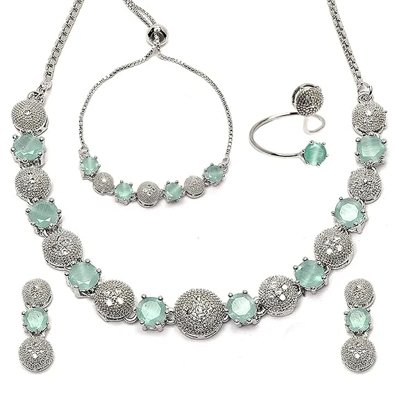 ZENEME Rhodium-Plated Silver Toned American Diamond studded Necklace, Earrings, 