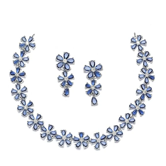 ZENEME Rhodium Plated Silver Toned White American Diamond Studded Flower Shaped 