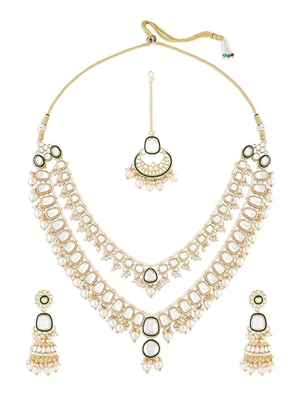 ZAVERI PEARLS Green Meenakari Kundan Pearls Layered Bridal Necklace Earring & Ma