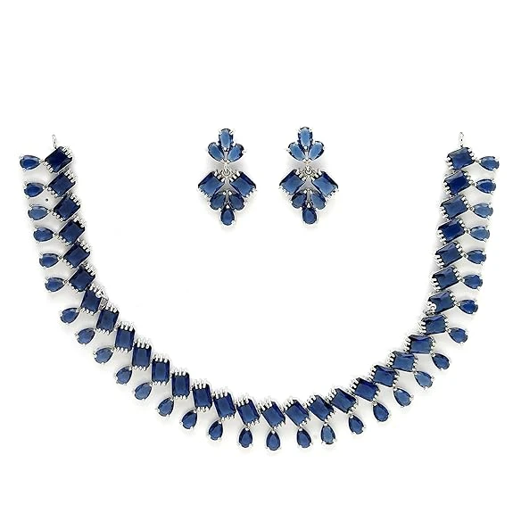 ZENEME Rhodium-Plated Silver Toned Pear Shaped American Diamond Studded Necklace