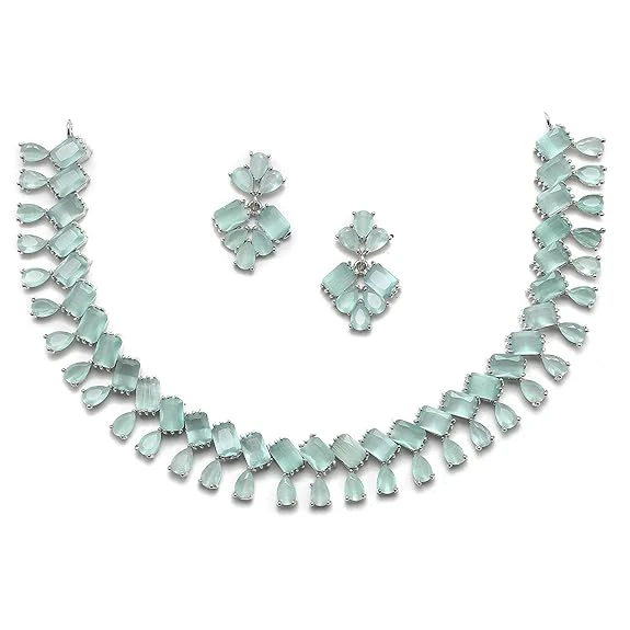 ZENEME Rhodium-Plated Silver Toned Pear Shaped American Diamond Studded Necklace