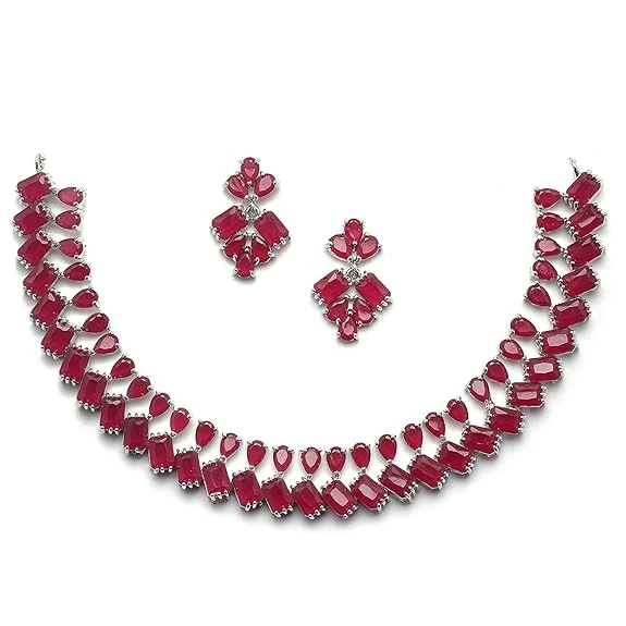 ZENEME Rhodium-Plated Silver Toned Pear Shaped American Diamond Studded Necklace