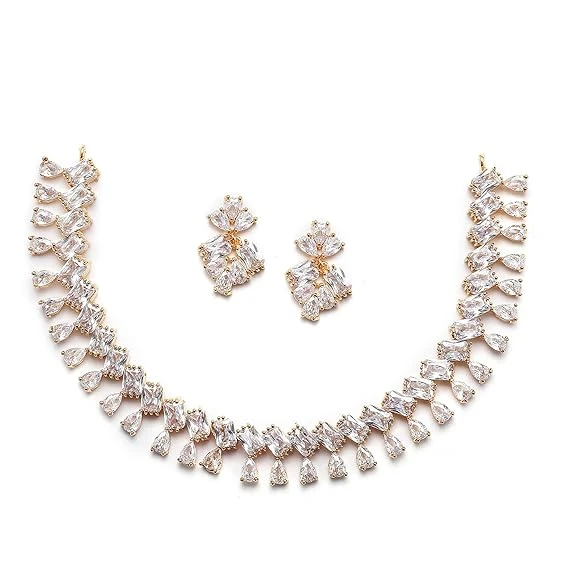 ZENEME Rhodium-Plated Silver Toned Pear Shaped American Diamond Studded Necklace