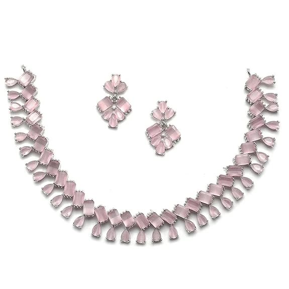 ZENEME Rhodium-Plated Silver Toned Pear Shaped American Diamond Studded Necklace