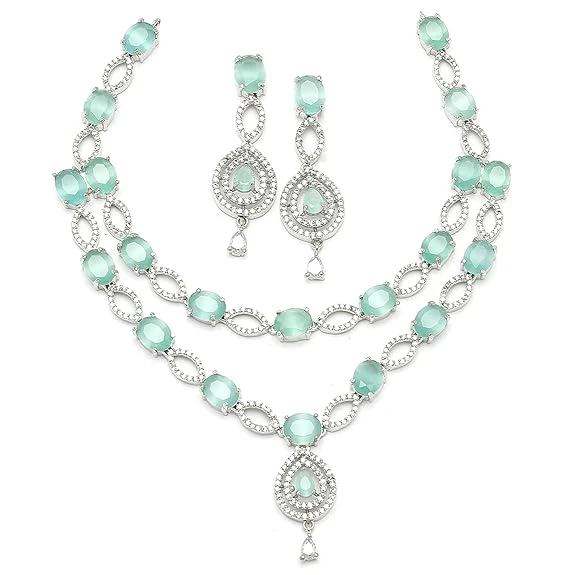 ZENEME Rhodium-Plated American Diamond Studded Abstract Necklace With Earrings J