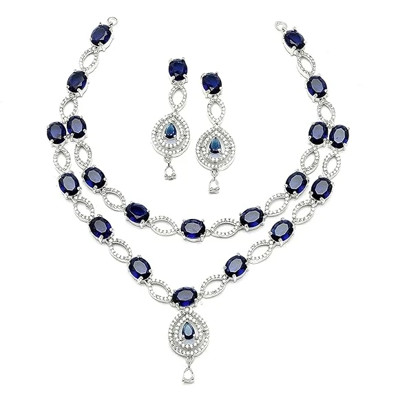 ZENEME Rhodium-Plated American Diamond Studded Abstract Necklace With Earrings J