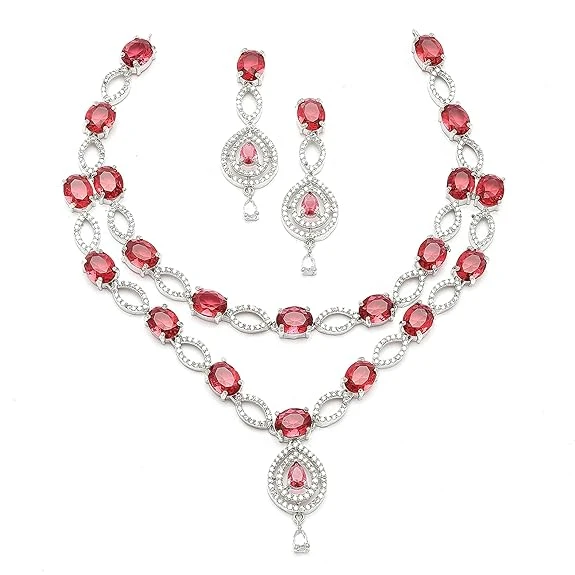 ZENEME Rhodium-Plated American Diamond Studded Abstract Necklace With Earrings J