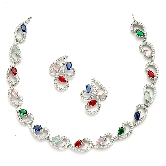 ZENEME Rhodium-Plated with Silver-Toned White Cubic Zirconia & American Diamond 