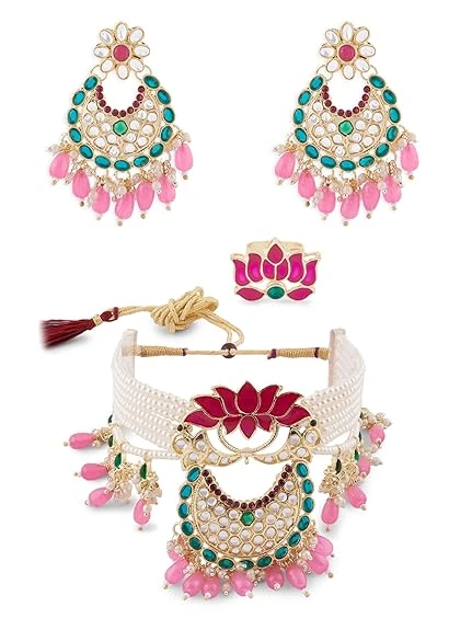 ZAVERI PEARLS Green & Pink Meenakari Lotus Multistrand Pearls Choker Necklace Ea