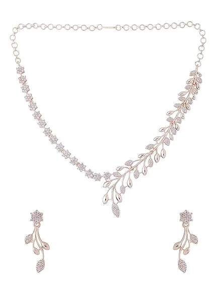 Yellow Chimes American Diamond Necklace Set For Women | White Stone Rose Gold Pl