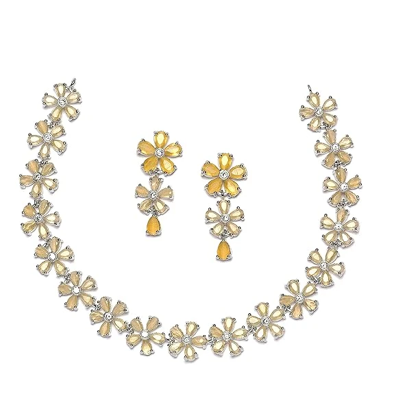 ZENEME Rhodium Plated Silver Toned White American Diamond Studded Flower Shaped 