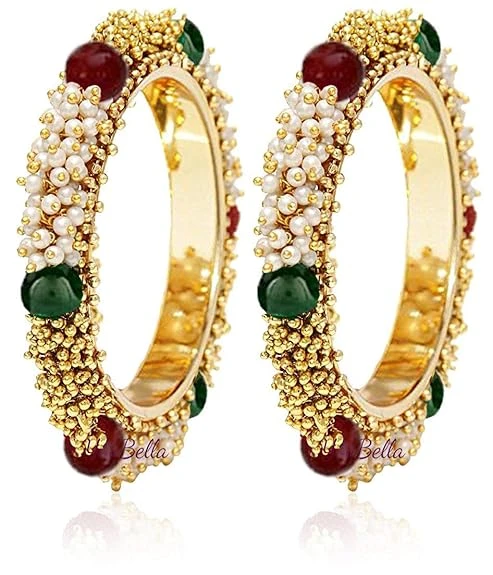 YouBella Jewellery Traditional Gold Plated Pearl Studded Bracelet Bangles Set fo