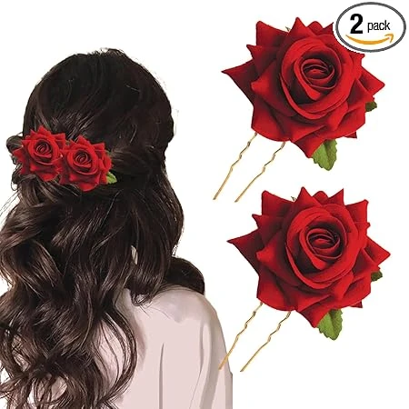 TEMPERIA (2pcs) Hair Accessories For Women & Girls - Stylish Red Rose Artificial