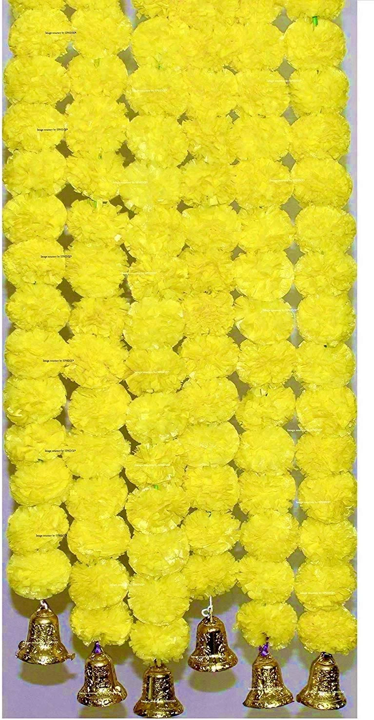 SPHINX Artificial Marigold Fluffy Flowers and Hanging Bells Garlands 2.5 feet (Y