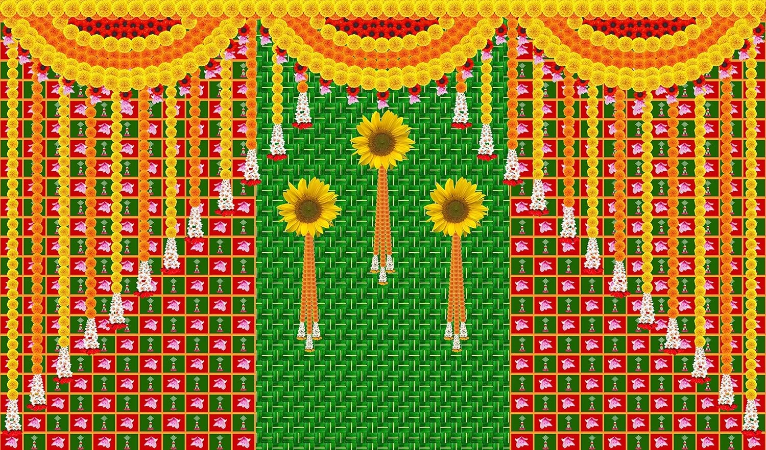 Backdropon Weaved Coconut Leaf with Sun Flower Design Backdrop for Pooja Decorat