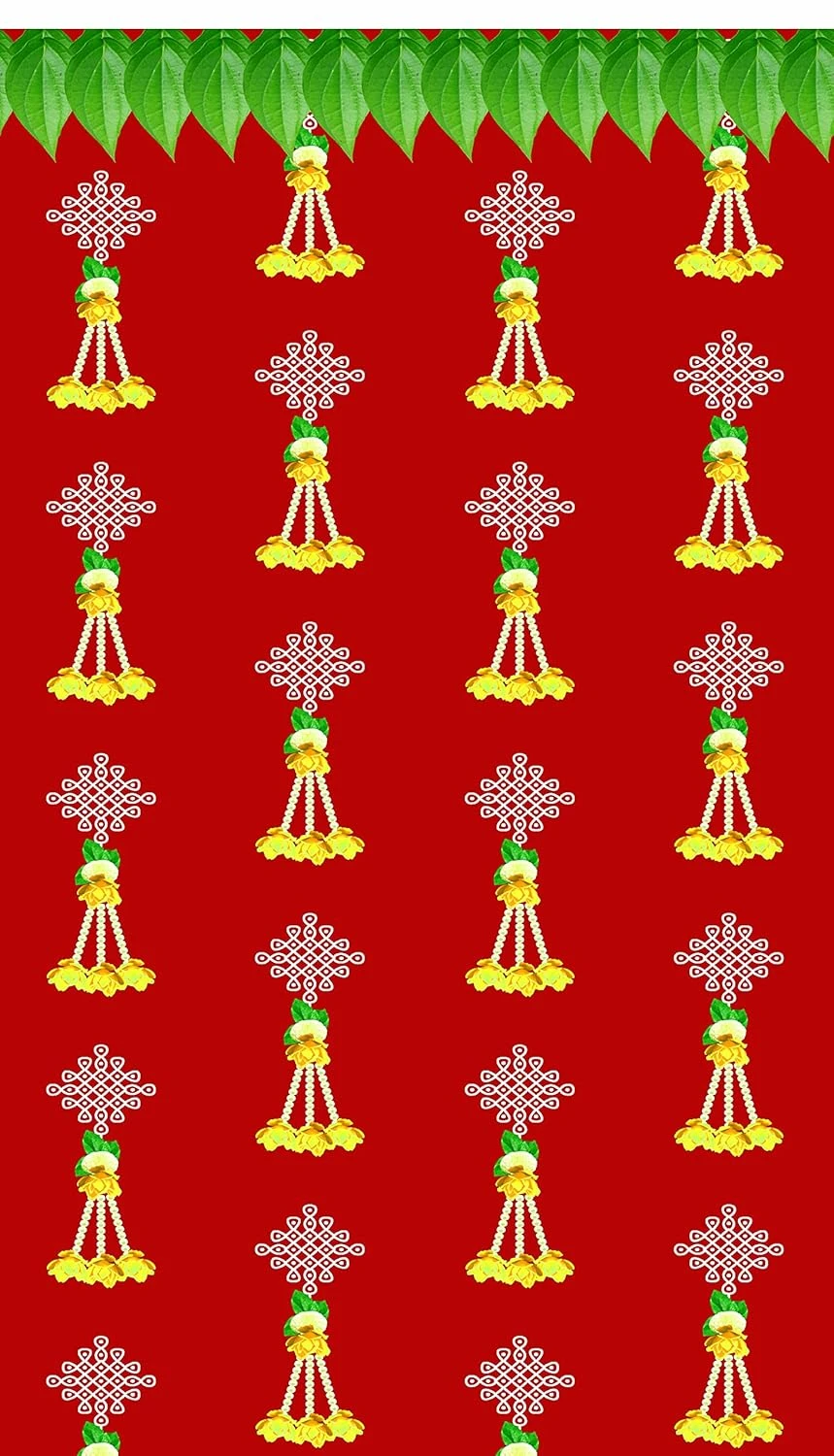 Backdropon Red Background with Kolam (Muggu) and Flower Design Backdrop for Pooj