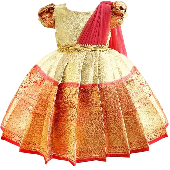 Stanwells Kids Traditional Kerala Frock for Baby Girls – Cream & Pink Embroidere