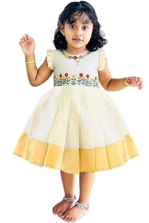 Stanwells Kids Traditional Kerala Frock for Baby Girls – Cream & Pink Embroidere