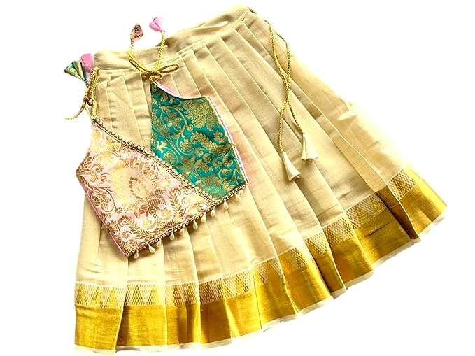 Picksparrow Baby Girl Onam Pattu pavadai/Lehenga Choli (WRAP-Temple Border)