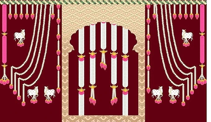 Backdropon Hanging Flowers and Diya with Cows Design Backdrop Cloth for Pooja De