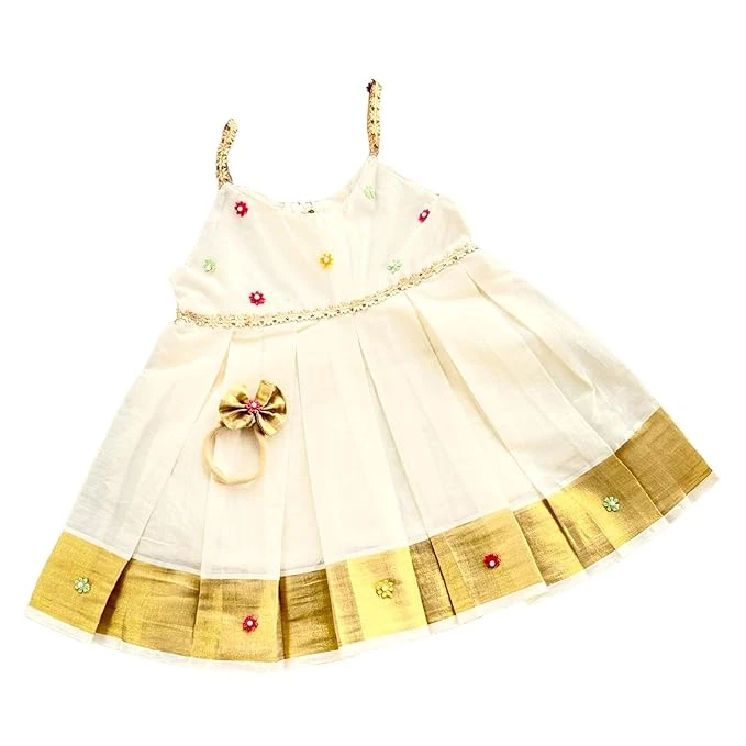 Picksparrow Kerala Kasavu Cotton Baby Girl Traditional Dress/Ethnic wear with He