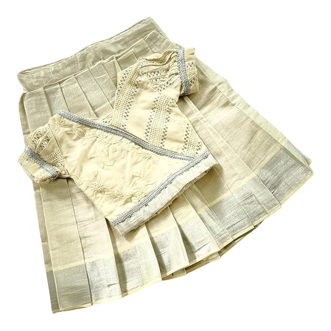 Picksparrow ONAM Pattu pavadai Set for Kids (Embroidered Top -Tissue)