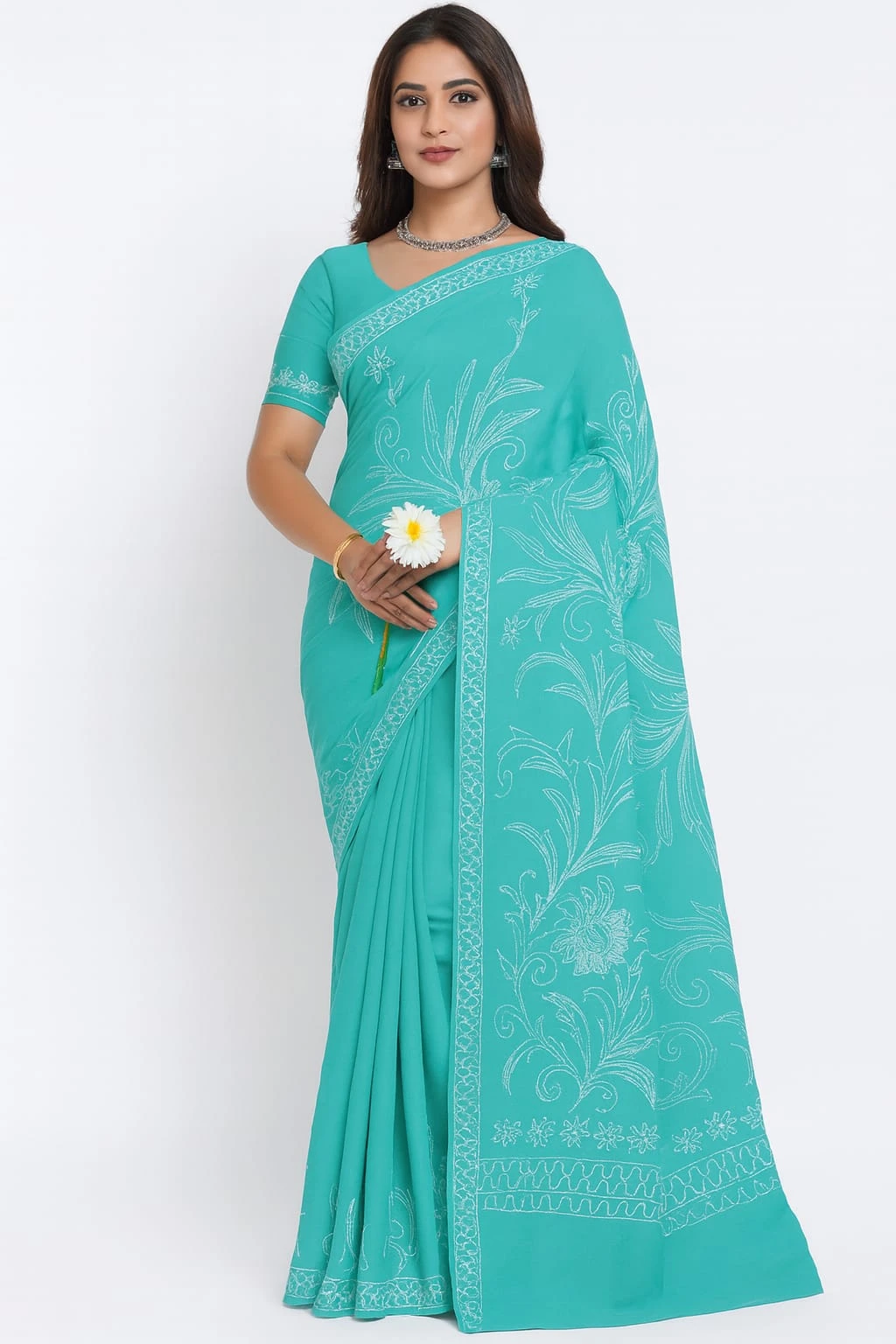 Designed with beautiful floral thread work Green Embroidered Saree