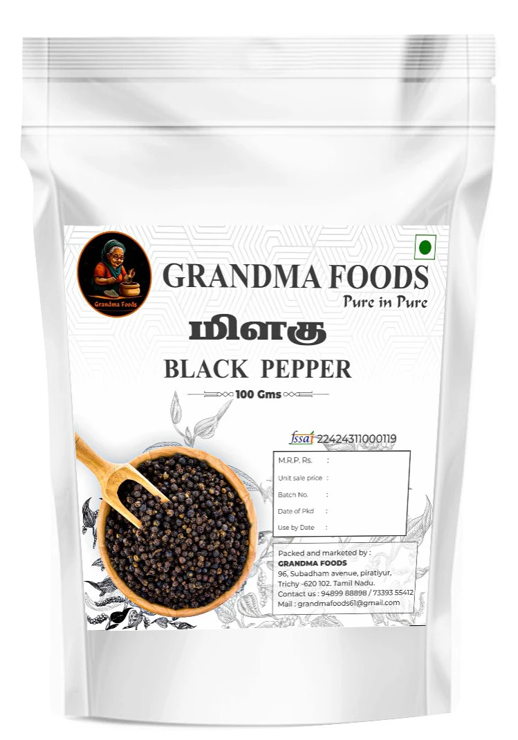BLACK PEPPER (WHOLE) SUPERIOR QUALITY FROM TAMILNADU KOLLIHILLS 100 Grams PACKED