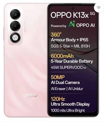 OPPO K13x 5G 6000mAh and 45W SUPERVOOC Charger & AI (Sunset Peach, 128 GB)  (4 G