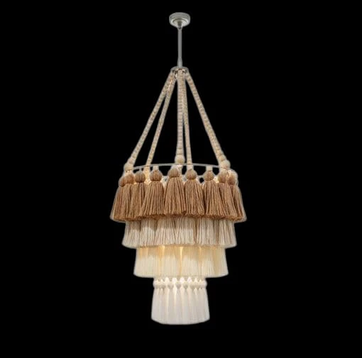 Boho Tassel Chandelier, 3-Tier Natural Jute Pendant Light with Wooden Beads, Bro